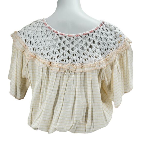 Free People Women’s Allora white peach combo Flutter ruffled blouse Sz M NEW $98 - Picture 2 of 10